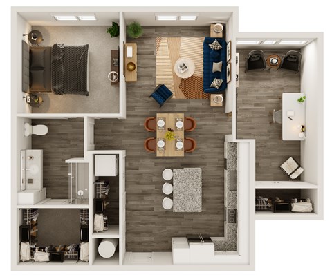A top-down view of a modern apartment layout with a living room, kitchen, and bedrooms.